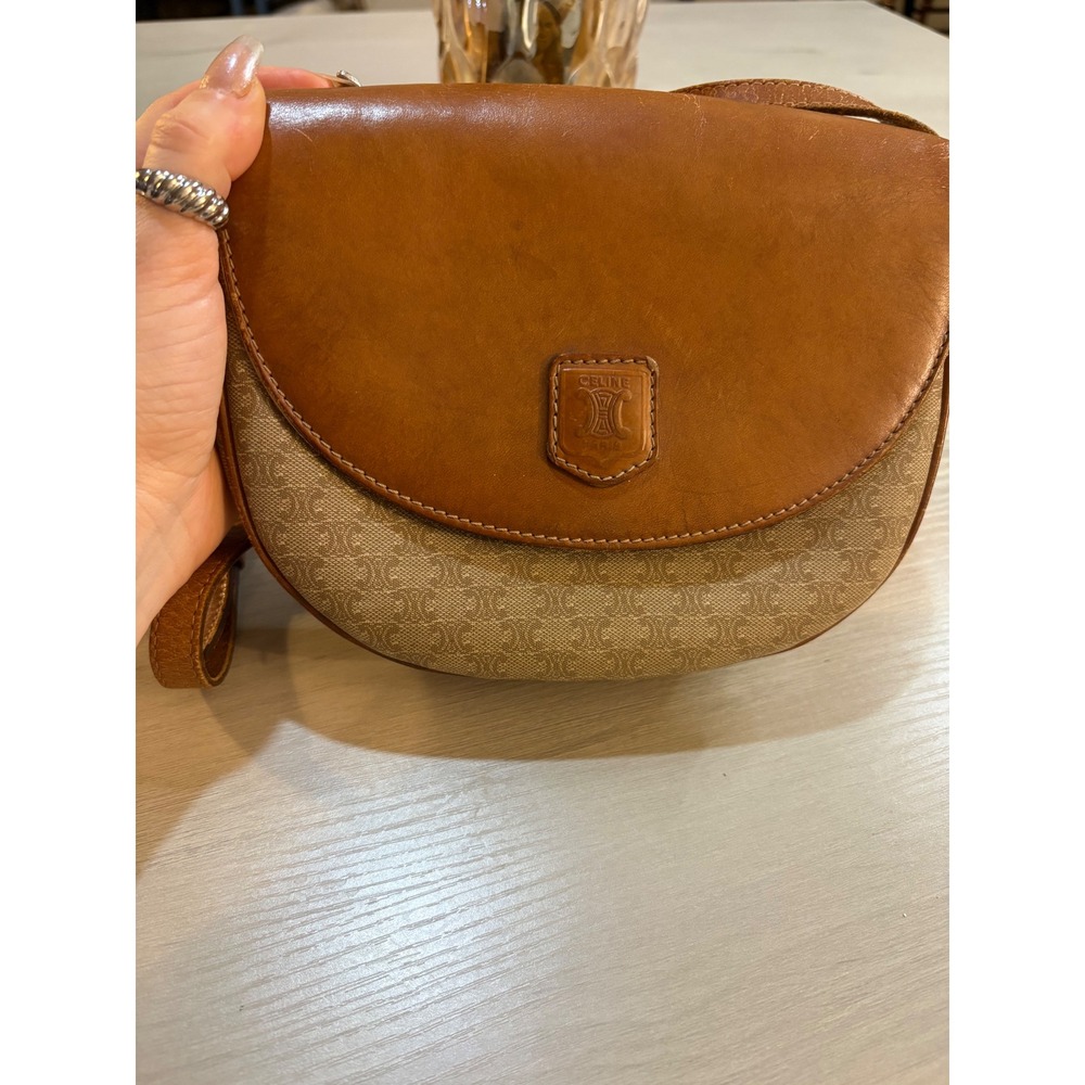 Celine Vintage Triomphe Monogram Canvas Leather Saddle Crossbody Bag